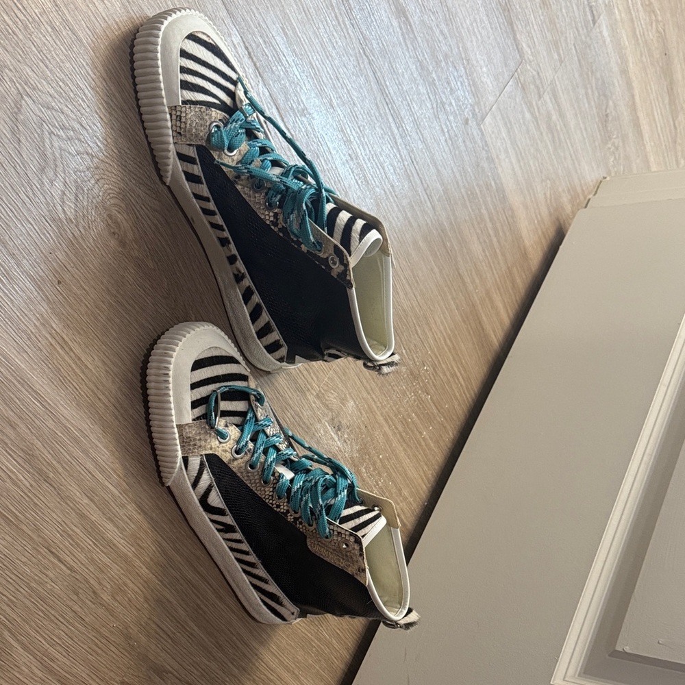 Jimmy Choo Black & White Zebra-Print High-Top Sneakers with Teal Laces - Picture 2 of 5